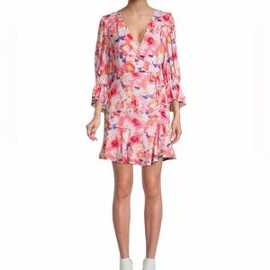 BETSEY JOHNSON-Ruffle Wrap Dress-Size 10-Floral Watercolor Pink/Orange-Mini